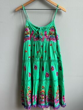 LULA SOUL Green Embroidered Colorful Sun Dress w/ Fringe Pom Poms Size XS